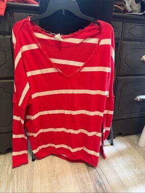 We the Free Red & White Striped V-Neck Lightweight Top